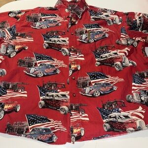 Men's Red Vintage North River Hot Rod Car‎ Print Button Down Shirt